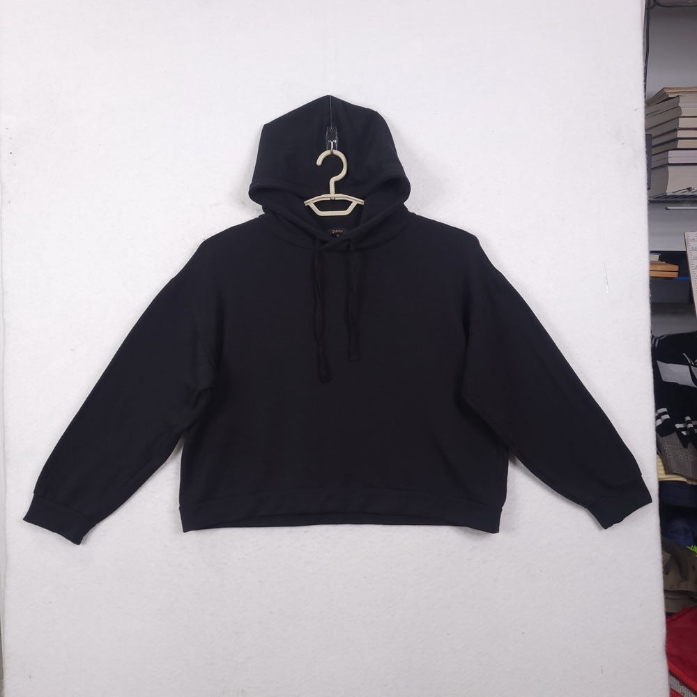Quince Fleece Cropped Hoodie Sweatshirt XL Black Soft Casual Cozy Boxy